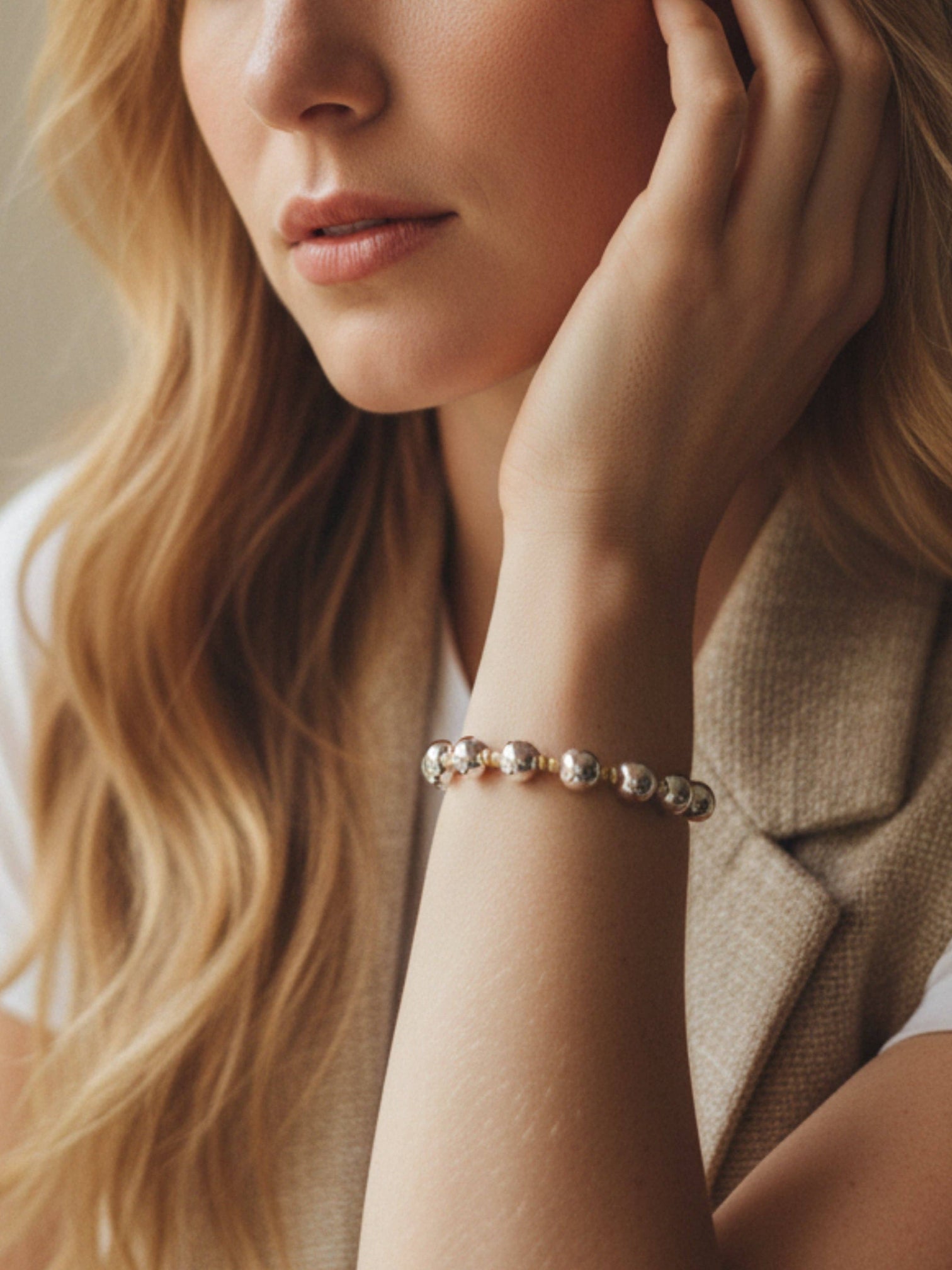 Silver Mixed Metal Beaded Duo Stretch Bracelet