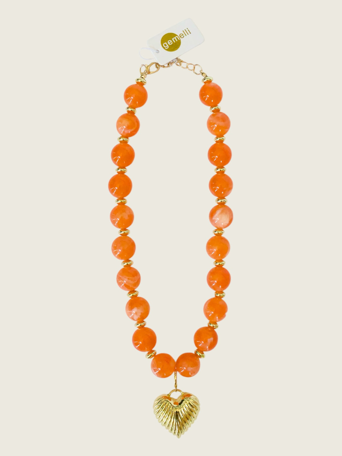 Lucas Beaded Necklace with Gold Heart Pendant - Orange