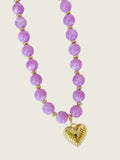 Lucas Beaded Necklace with Gold Heart Pendant - Purple