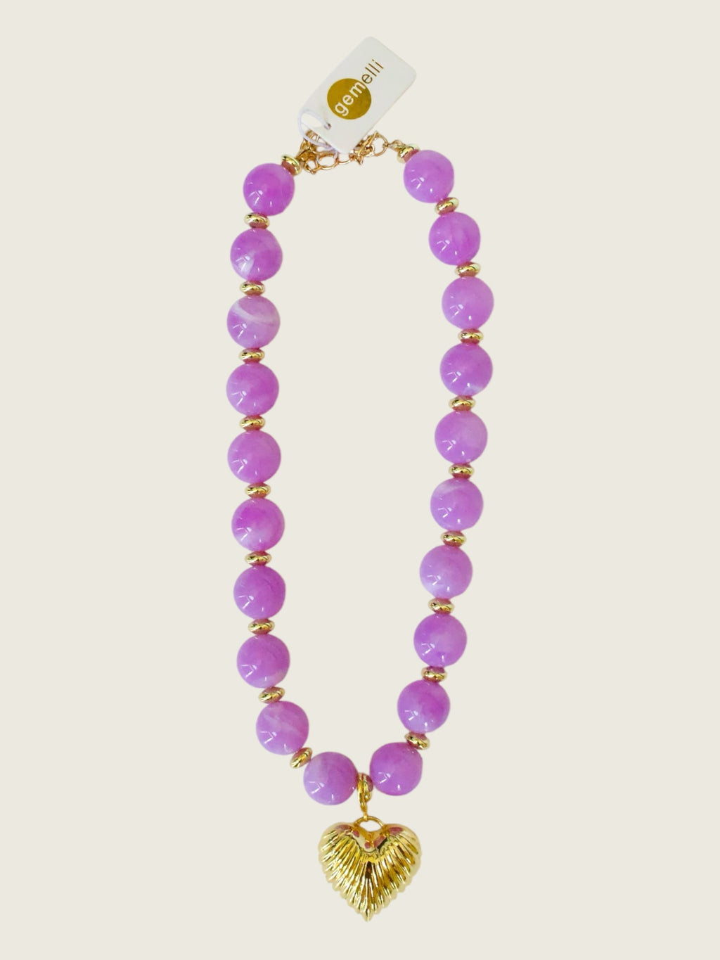 Lucas Beaded Necklace with Gold Heart Pendant - Purple
